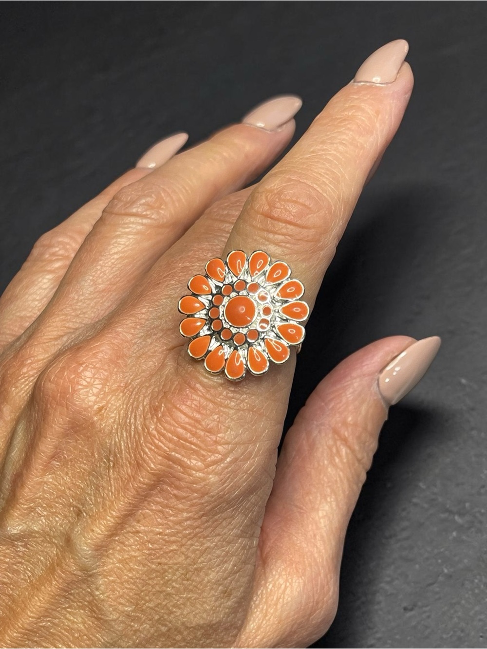 Southwestern Orange Enamel Floral Statement Ring Adjustable Silver Tone Size 7